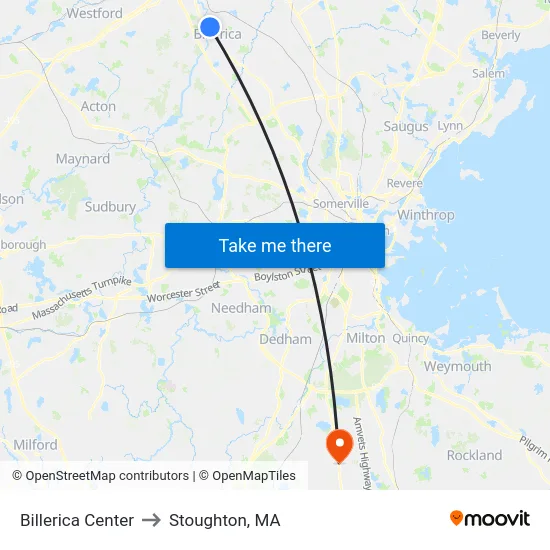 Billerica Center to Stoughton, MA map