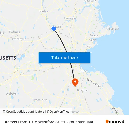 Across From 1075 Westford St to Stoughton, MA map