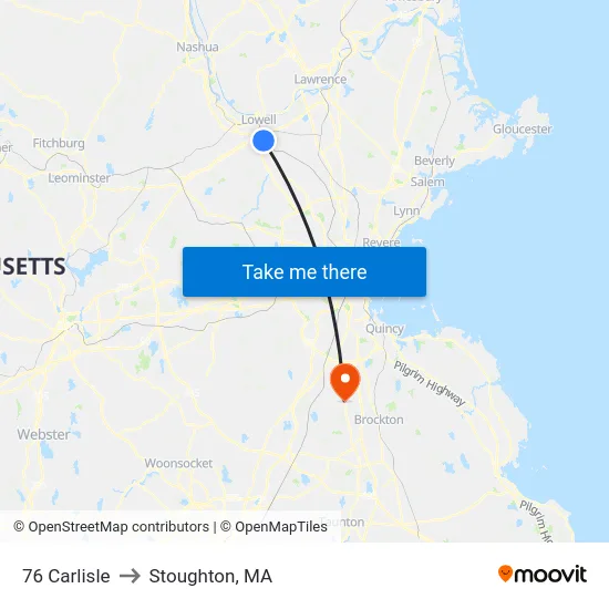 76 Carlisle to Stoughton, MA map