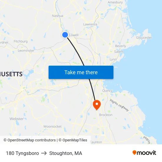 180 Tyngsboro to Stoughton, MA map