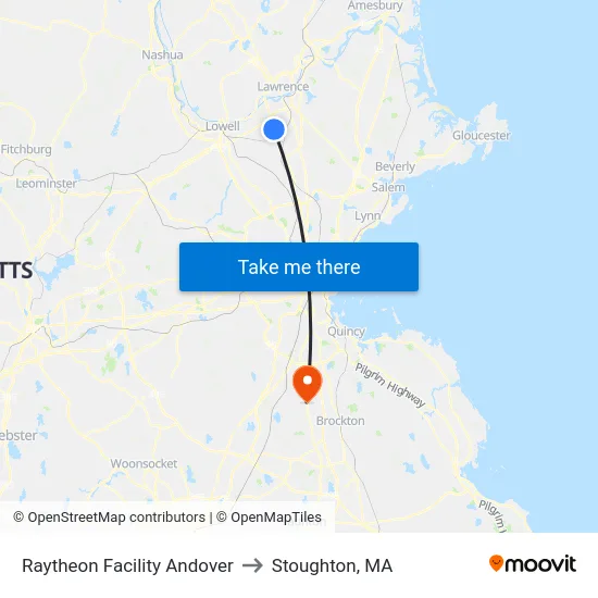 Raytheon Facility Andover to Stoughton, MA map