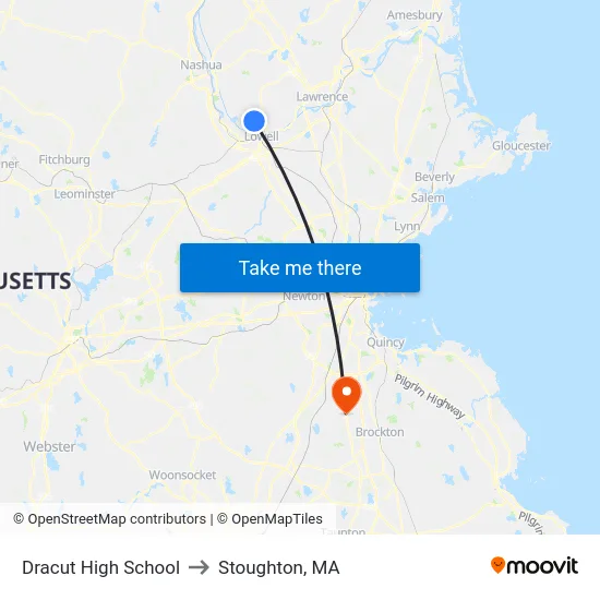 Dracut High School to Stoughton, MA map