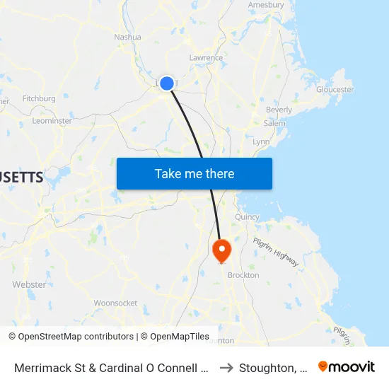 Merrimack St & Cardinal O Connell Pkwy to Stoughton, MA map