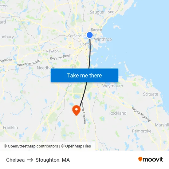 Chelsea to Stoughton, MA map