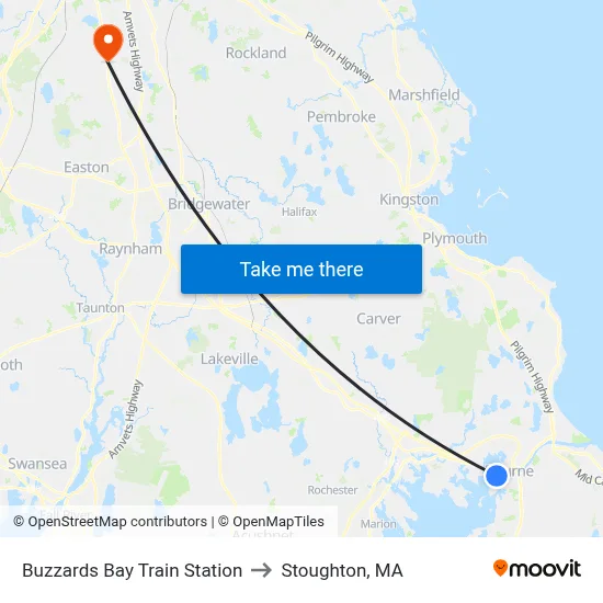 Buzzards Bay Train Station to Stoughton, MA map