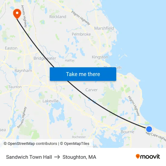 Sandwich Town Hall to Stoughton, MA map