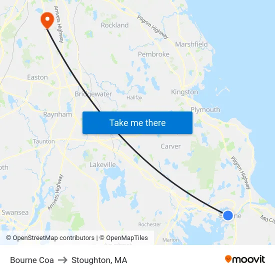 Bourne Coa to Stoughton, MA map