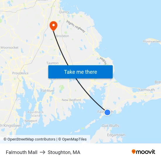 Falmouth Mall to Stoughton, MA map
