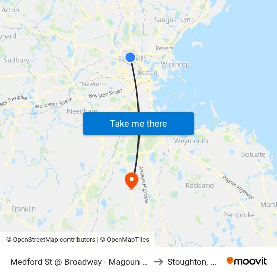 Medford St @ Broadway - Magoun Sq to Stoughton, MA map