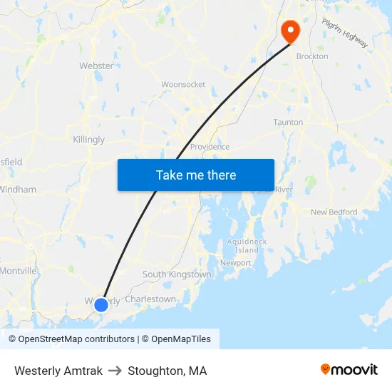 Westerly Amtrak to Stoughton, MA map