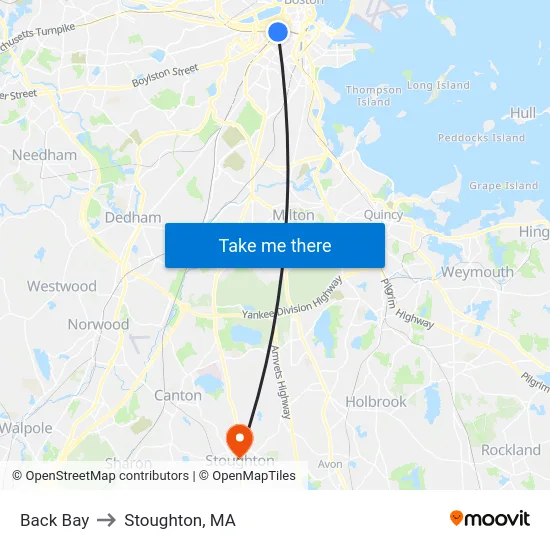 Back Bay to Stoughton, MA map