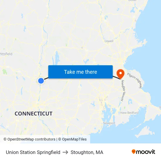 Union Station Springfield to Stoughton, MA map