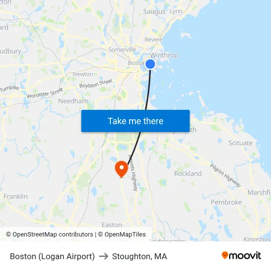 Boston (Logan Airport) to Stoughton, MA map