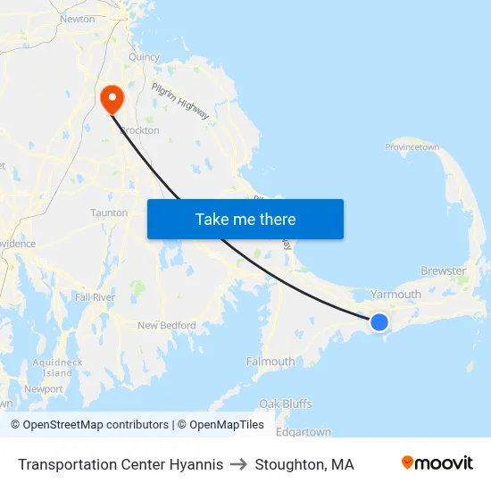 Transportation Center Hyannis to Stoughton, MA map