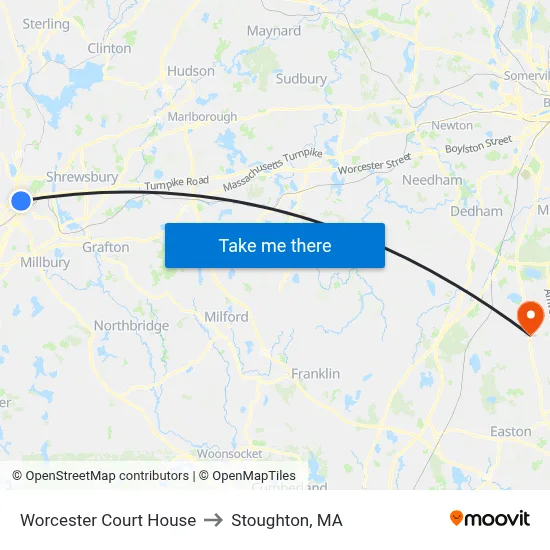 Worcester Court House to Stoughton, MA map
