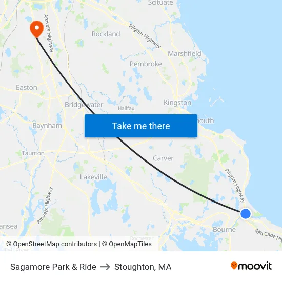 Sagamore Park & Ride to Stoughton, MA map