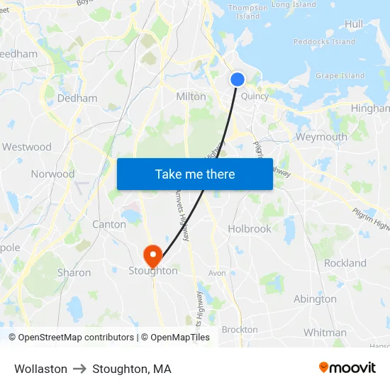 Wollaston to Stoughton, MA map