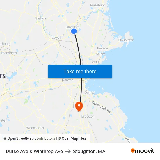 Durso Ave & Winthrop Ave to Stoughton, MA map