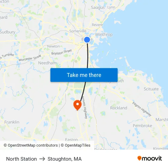 North Station to Stoughton, MA map