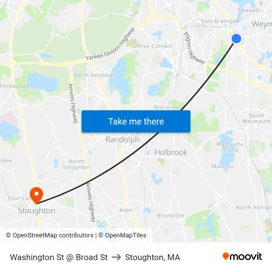 Washington St @ Broad St to Stoughton, MA map