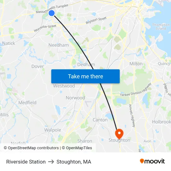 Riverside Station to Stoughton, MA map
