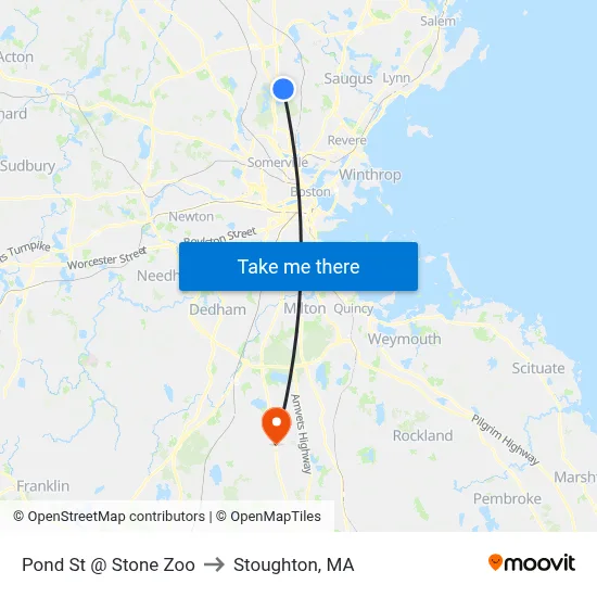 Pond St @ Stone Zoo to Stoughton, MA map