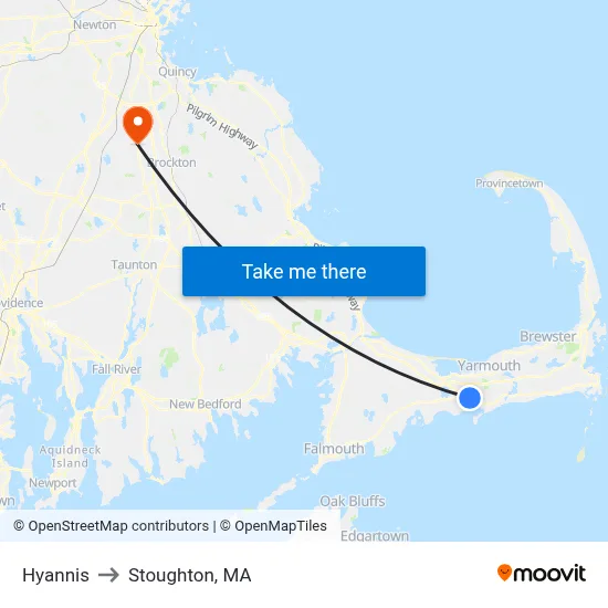 Hyannis to Stoughton, MA map