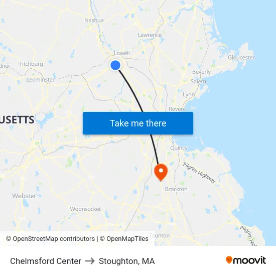 Chelmsford Center to Stoughton, MA map