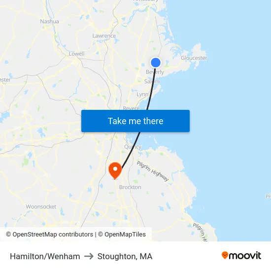 Hamilton/Wenham to Stoughton, MA map