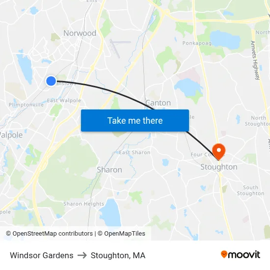 Windsor Gardens to Stoughton, MA map