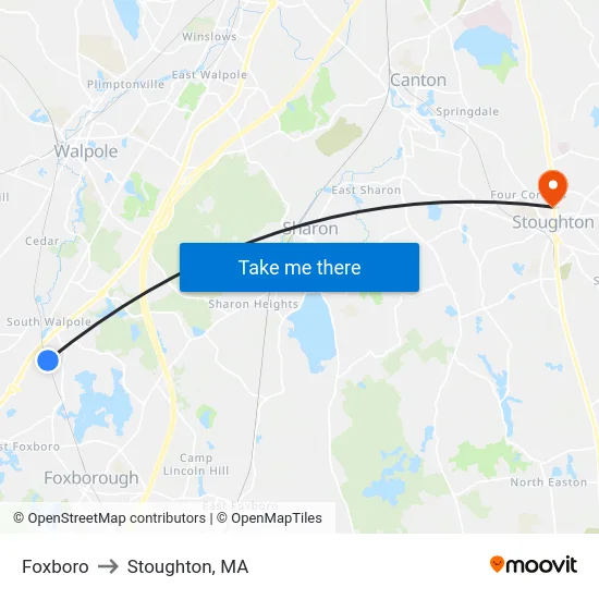 Foxboro to Stoughton, MA map