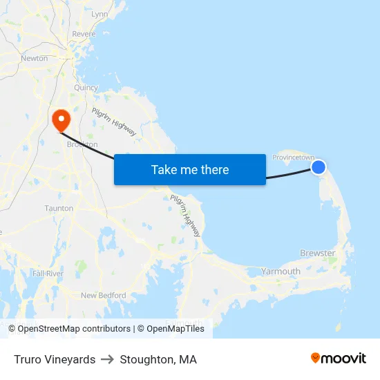 Truro Vineyards to Stoughton, MA map