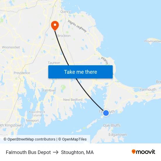 Falmouth Bus Depot to Stoughton, MA map