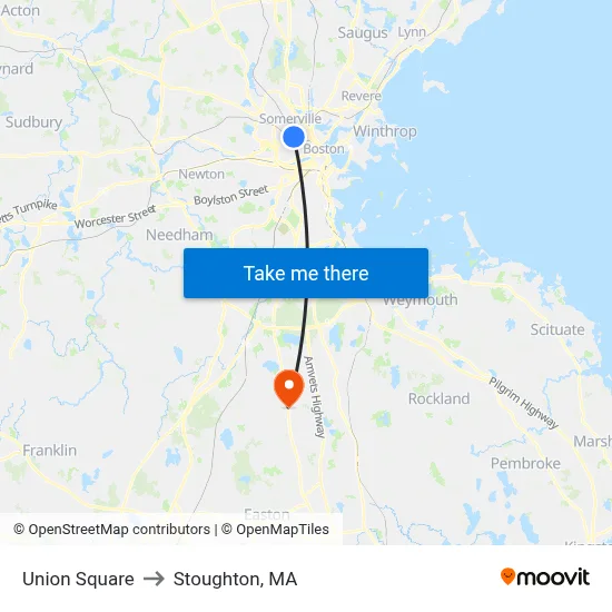 Union Square to Stoughton, MA map