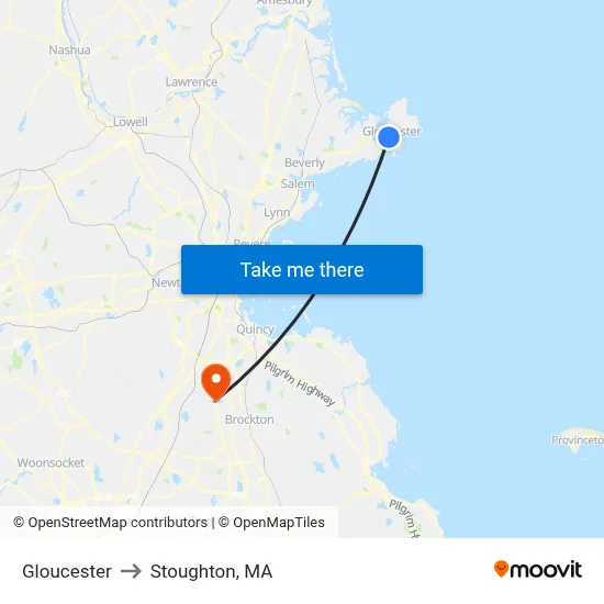 Gloucester to Stoughton, MA map