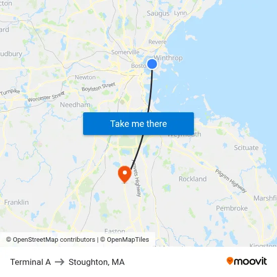 Terminal A to Stoughton, MA map