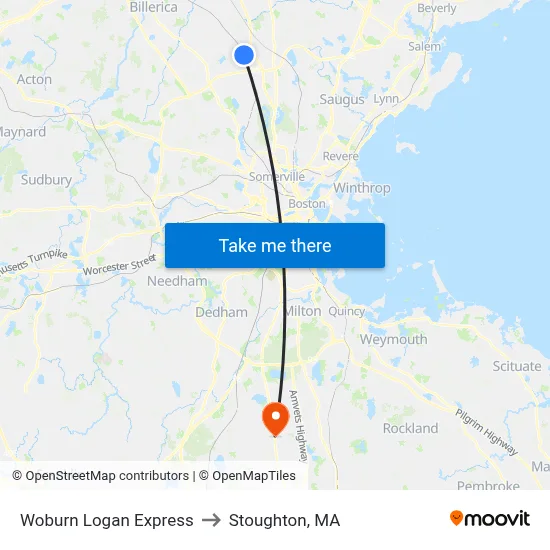 Woburn Logan Express to Stoughton, MA map