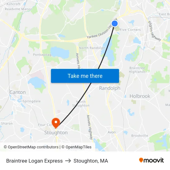 Braintree Logan Express to Stoughton, MA map