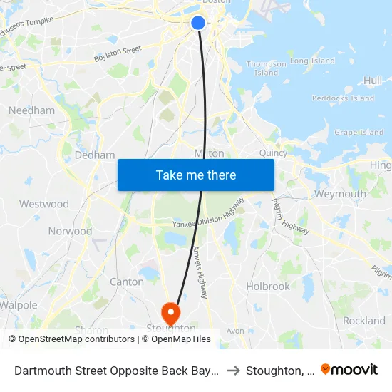 Dartmouth Street Opposite Back Bay Station to Stoughton, MA map