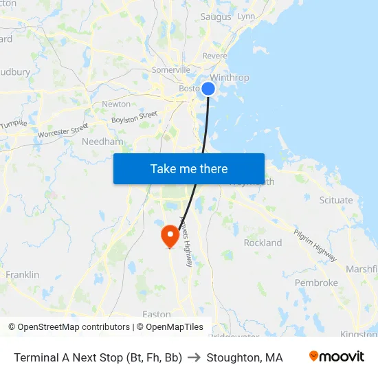 Terminal A Next Stop (Bt, Fh, Bb) to Stoughton, MA map