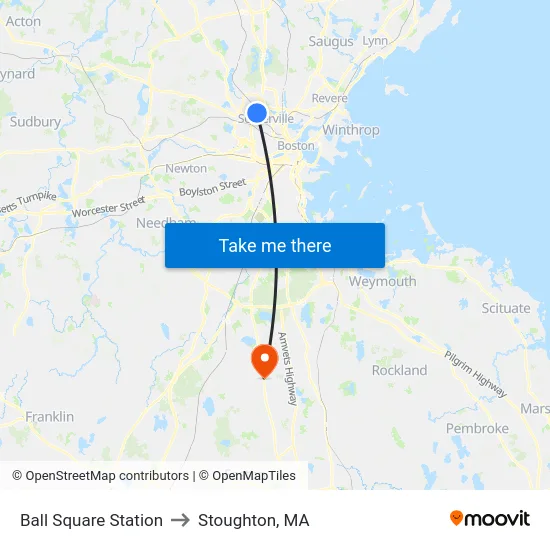 Ball Square Station to Stoughton, MA map