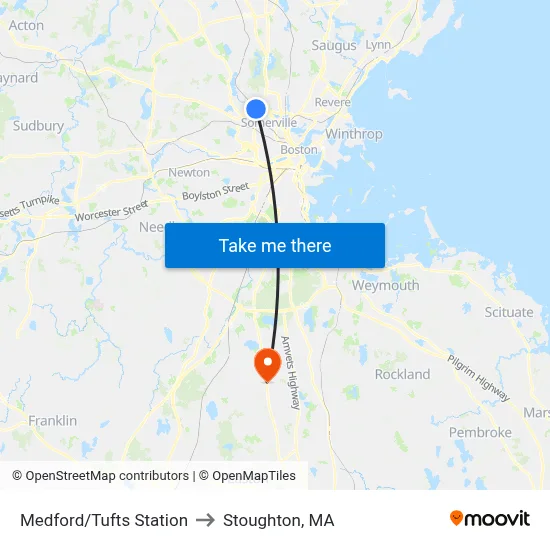 Medford/Tufts Station to Stoughton, MA map