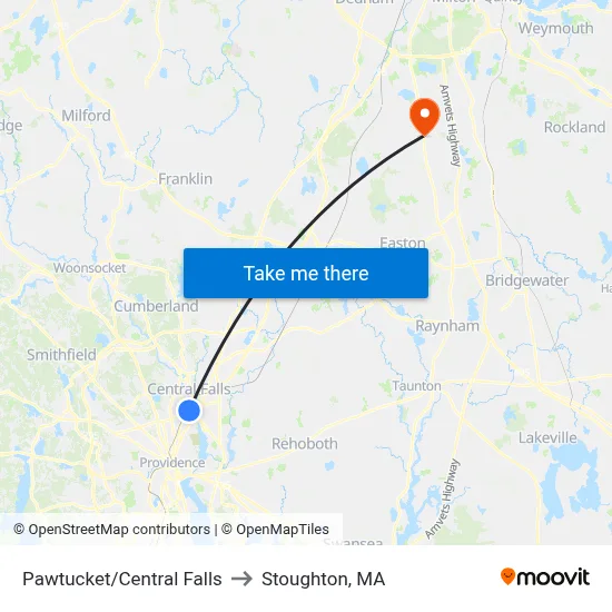 Pawtucket/Central Falls to Stoughton, MA map