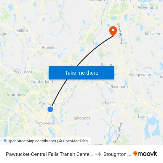 Pawtucket-Central Falls Transit Center (Stop B) to Stoughton, MA map