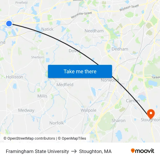 Framingham State University to Stoughton, MA map