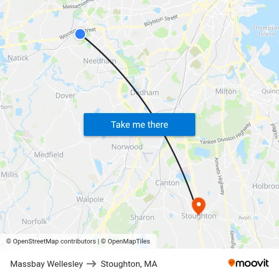 Massbay Wellesley to Stoughton, MA map