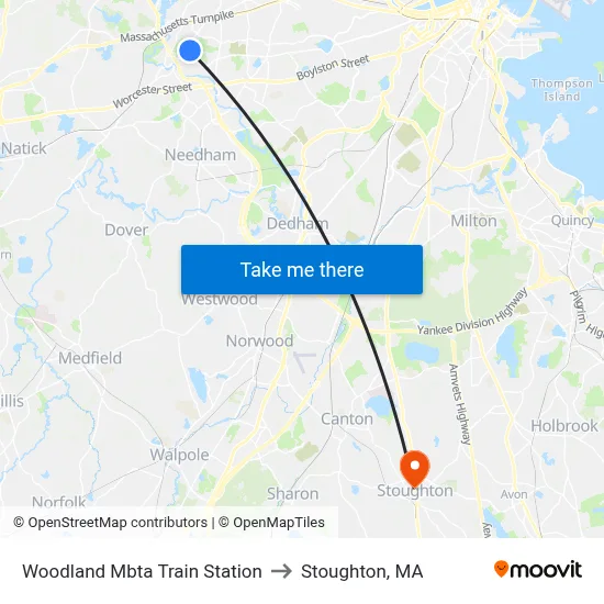 Woodland Mbta Train Station to Stoughton, MA map