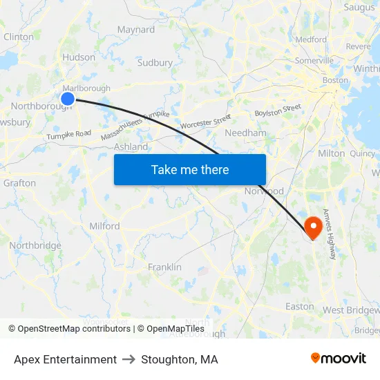Apex Entertainment to Stoughton, MA map