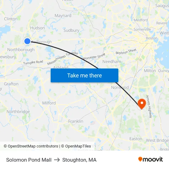 Solomon Pond Mall to Stoughton, MA map
