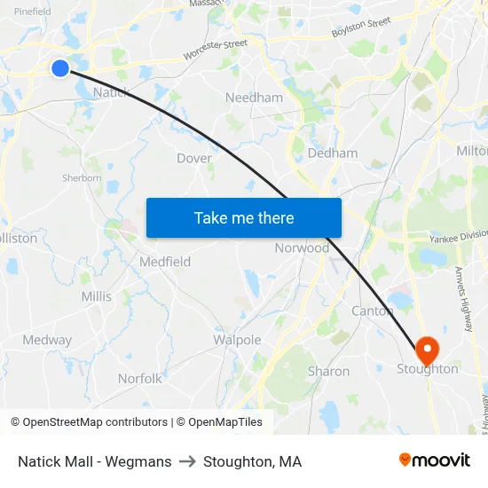 Natick Mall - Wegmans to Stoughton, MA map